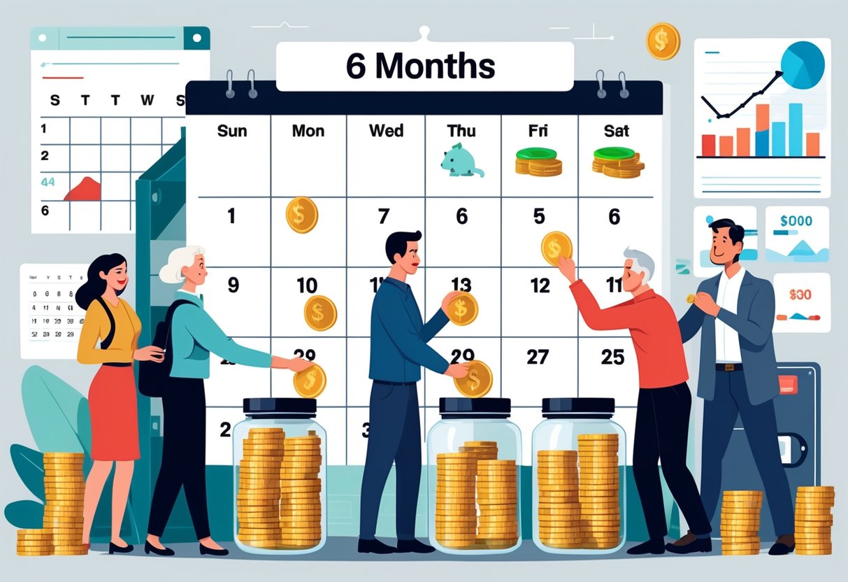 People contributing money into jars labeled with months, showing gradual savings growth over six months with financial charts and a safe in the background.