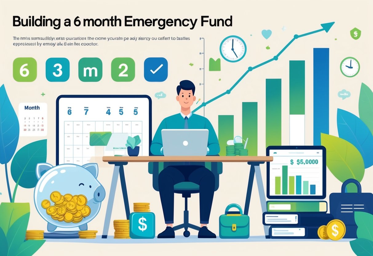 A person planning their finances at a desk with a piggy bank, calendar, and graphs symbolizing saving money over six months.